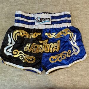 Mens Namazu Muay Thai‎ Shorts 3XL Black Blue Gold Thai Script Boxing MMA